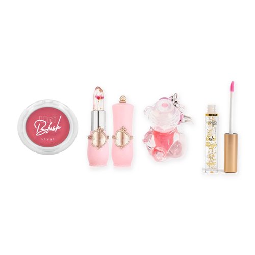 Kit presente 4 itens: blush + batom mágico + gloss ursinho + gloss gold
